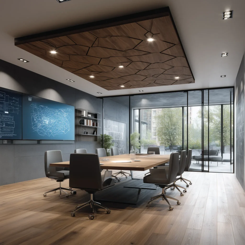 Βελτιστοποίηση επαγγελματικών χώρων για υβριδική εργασία: σύγχρονη αίθουσα συσκέψεων με τεχνολογία τηλεδιάσκεψης και ξύλινη οροφή.