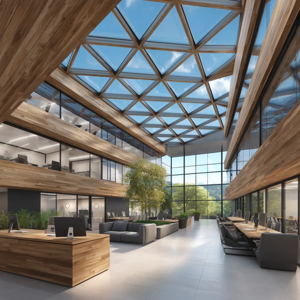 Βελτιστοποίηση επαγγελματικών χώρων για υβριδική εργασία: γραφείο με εντυπωσιακό φεγγίτη, φυσικό φως και στοιχεία βιοφιλικού σχεδιασμού.