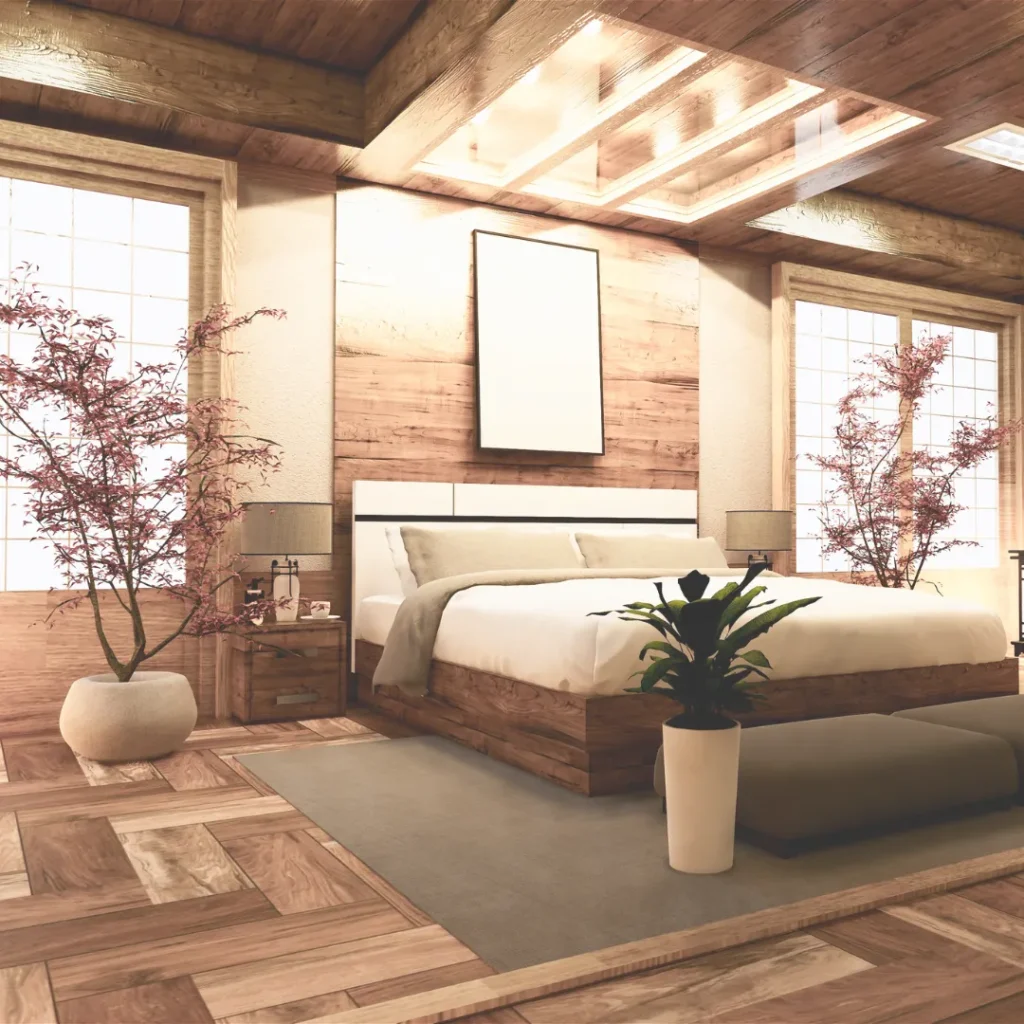 Σχεδιασμός interior design υπνοδωματίου με εκτεταμένη χρήση ξύλου στο πάτωμα, τον τοίχο και την οροφή, δημιουργώντας μια ζεστή ατμόσφαιρα.