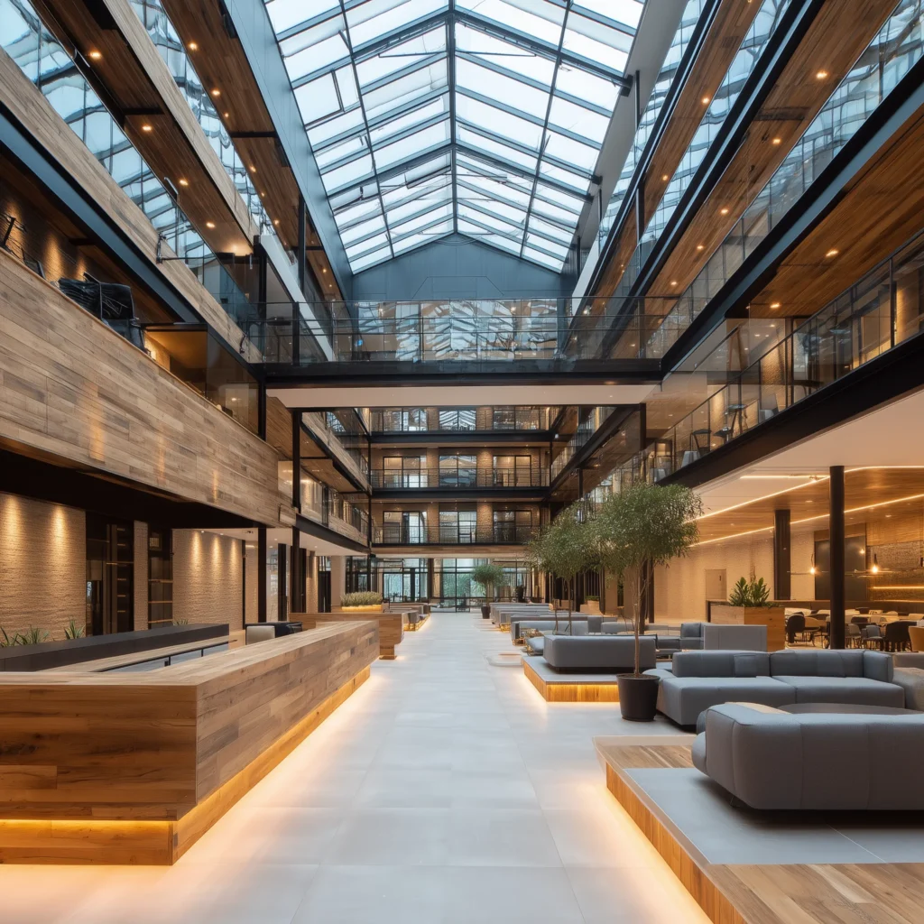 Βελτιστοποίηση επαγγελματικών χώρων για υβριδική εργασία: φωτεινός συνεργατικός χώρος με μοντέρνα αρχιτεκτονική και φυσικό φως.