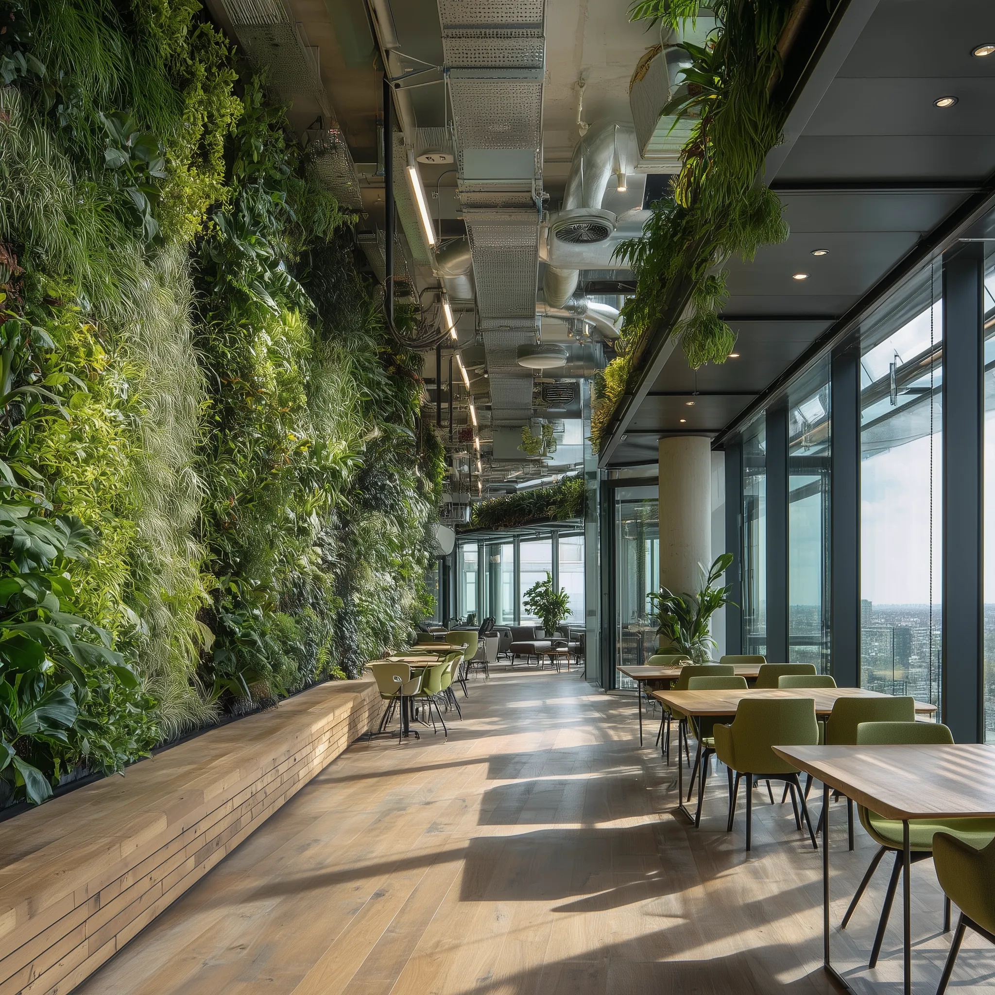 Βιοφιλική αρχιτεκτονική σε σύγχρονο γραφείο που ενισχύει την παραγωγικότητα μέσω φυσικών υλικών, φωτός και πρασίνου.