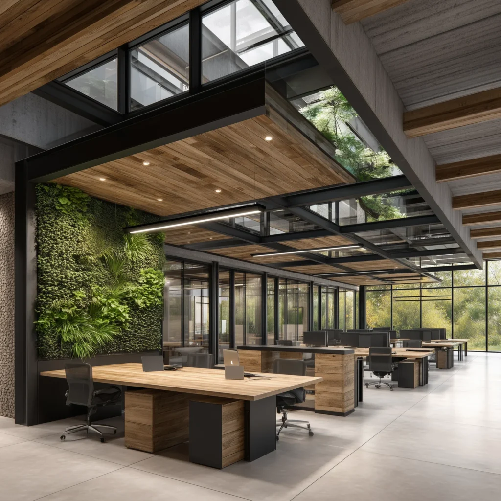 Βελτιστοποίηση επαγγελματικών χώρων για υβριδική εργασία μέσω βιοφιλικού σχεδιασμού με πράσινο τοίχο και φυσικά υλικά.