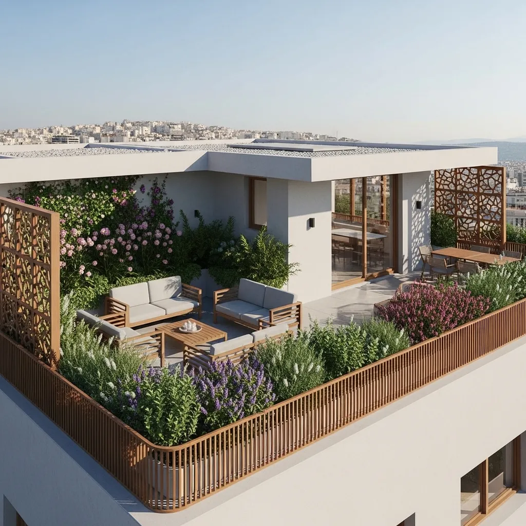Παράδειγμα ολοκληρωμένης διαμόρφωσης ταράτσας σε roof garden με μοντέρνα ξύλινα έπιπλα, πλούσια φύτευση και διακοσμητικά πάνελ, με θέα την πόλη.
