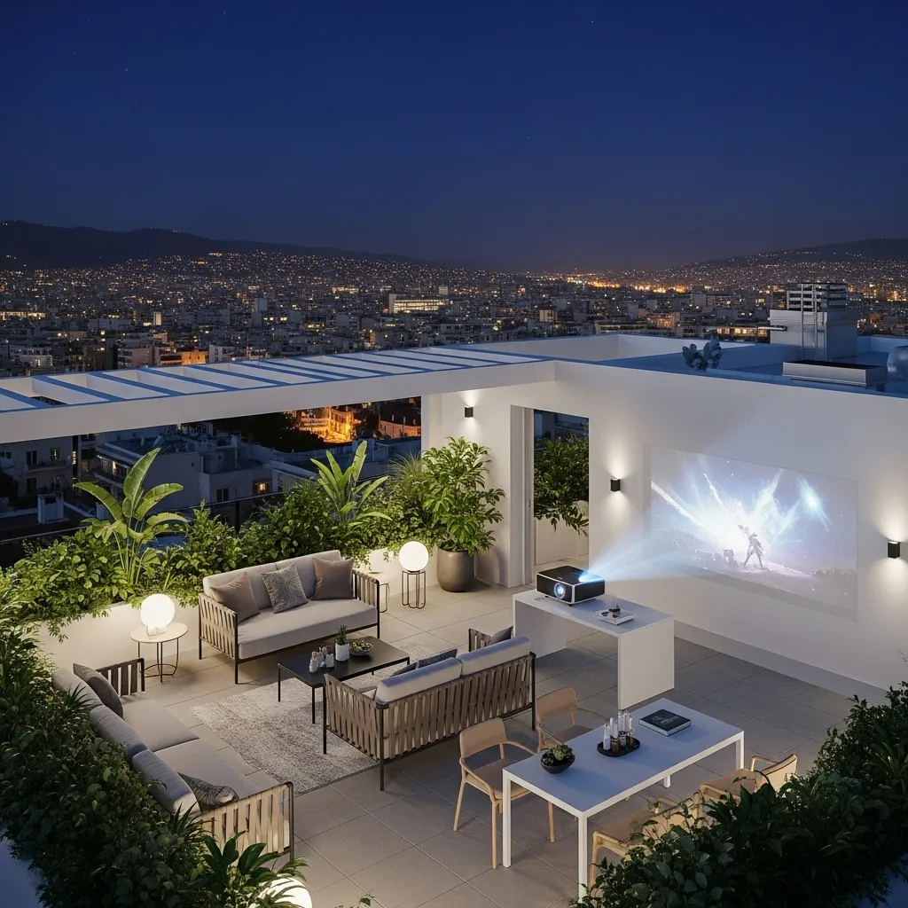 Μοντέρνα ιδέα για διαμόρφωση ταράτσας σε roof garden, με εξωτερικό home cinema με προβολέα και μεγάλο σαλόνι με θέα τη νυχτερινή Αθήνα.