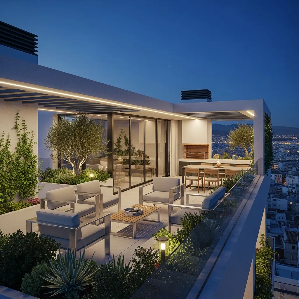 Διαμόρφωση ταράτσας σε roof garden με ζώνη BBQ και τραπεζαρία κάτω από μοντέρνα πέργκολα με γραμμικό φωτισμό LED.