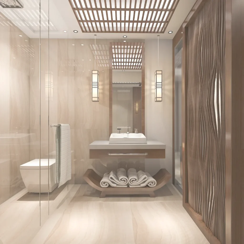 Πολυτελές μπάνιο μετά από ανακαίνιση airbnb ξενοδοχείου, με walk-in ντουζιέρα και ατμόσφαιρα spa για εξαιρετικές κριτικές επισκεπτών.