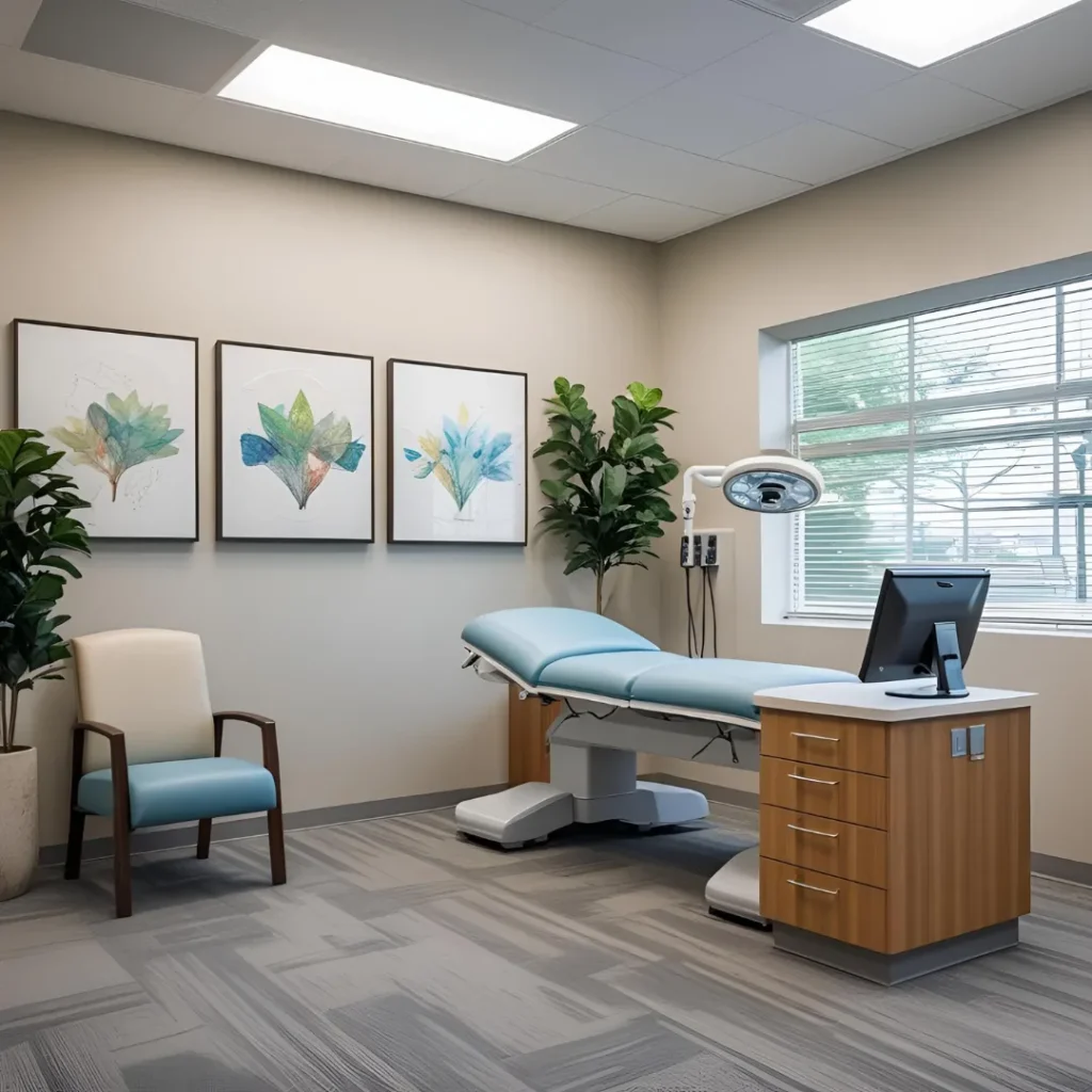 Διακόσμηση ιατρείου που προάγει την ηρεμία, με γήινα χρώματα, φυτά εσωτερικού χώρου και άνετα καθίσματα.