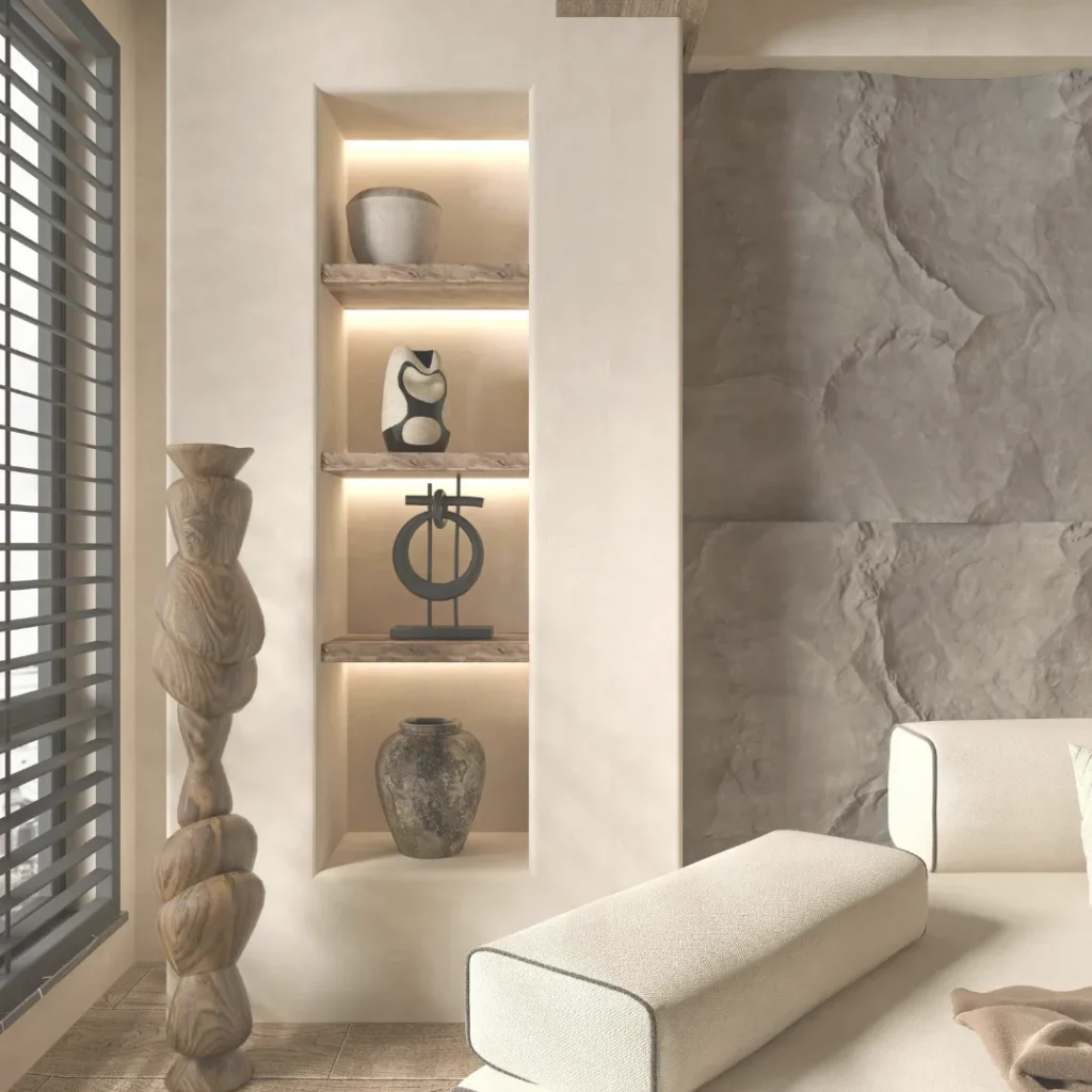 Καλοκαιρινή διακόσμηση σπιτιού με φυσικά υλικά, χτιστή εσοχή με κρυφό φωτισμό και αυθεντικά κεραμικά.