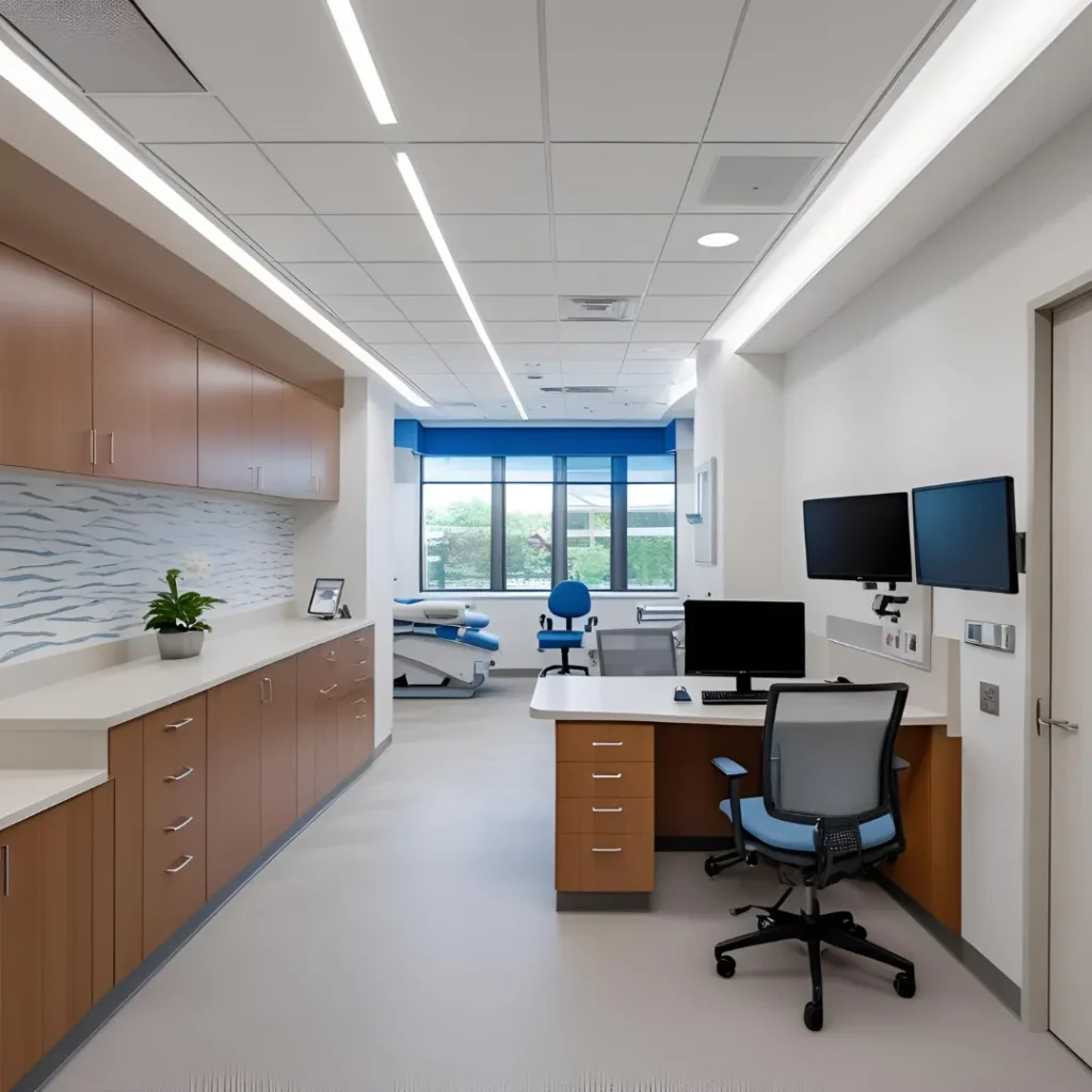 Λειτουργικός σχεδιασμός ιατρείου με ξύλινες επενδύσεις, άπλετο αποθηκευτικό χώρο και σαφή ροή μεταξύ γραφείου και εξεταστηρίου.