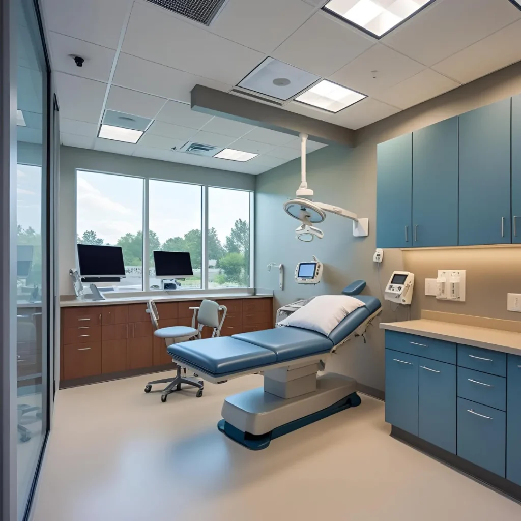 Σχεδιασμός και ανακαίνιση ιατρείου: σύγχρονο εξεταστήριο με λειτουργική διαρρύθμιση και βιοφιλικό σχεδιασμό μέσω παραθύρου με θέα.