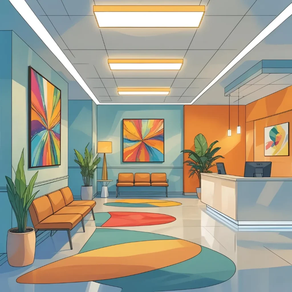 Σχεδιασμός και ανακαίνιση υποδοχής ιατρείου με ζωντανά χρώματα και μοντέρνα διακόσμηση για τη μείωση του άγχους των ασθενών.