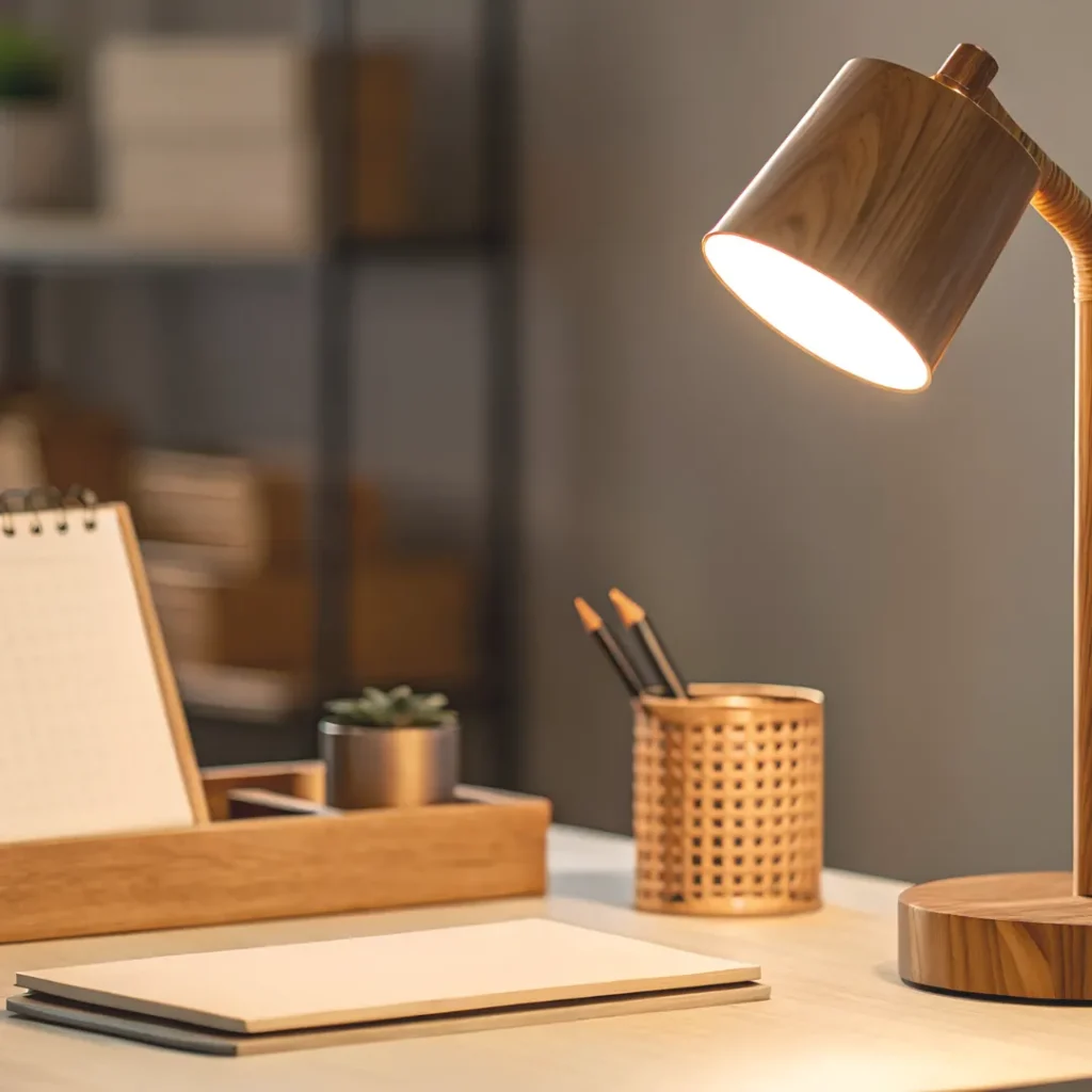 Λειτουργικός φωτισμός γραφείου: Ξύλινη λάμπα με ζεστό φως σε επιφάνεια εργασίας, ιδανική για συγκέντρωση.