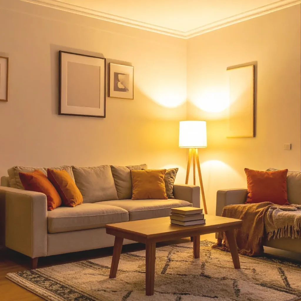 Ζεστό σαλόνι με στρατηγικό φωτισμό και γήινες αποχρώσεις, δημιουργώντας ζεστασιά σπιτιού τον Οκτώβριο.