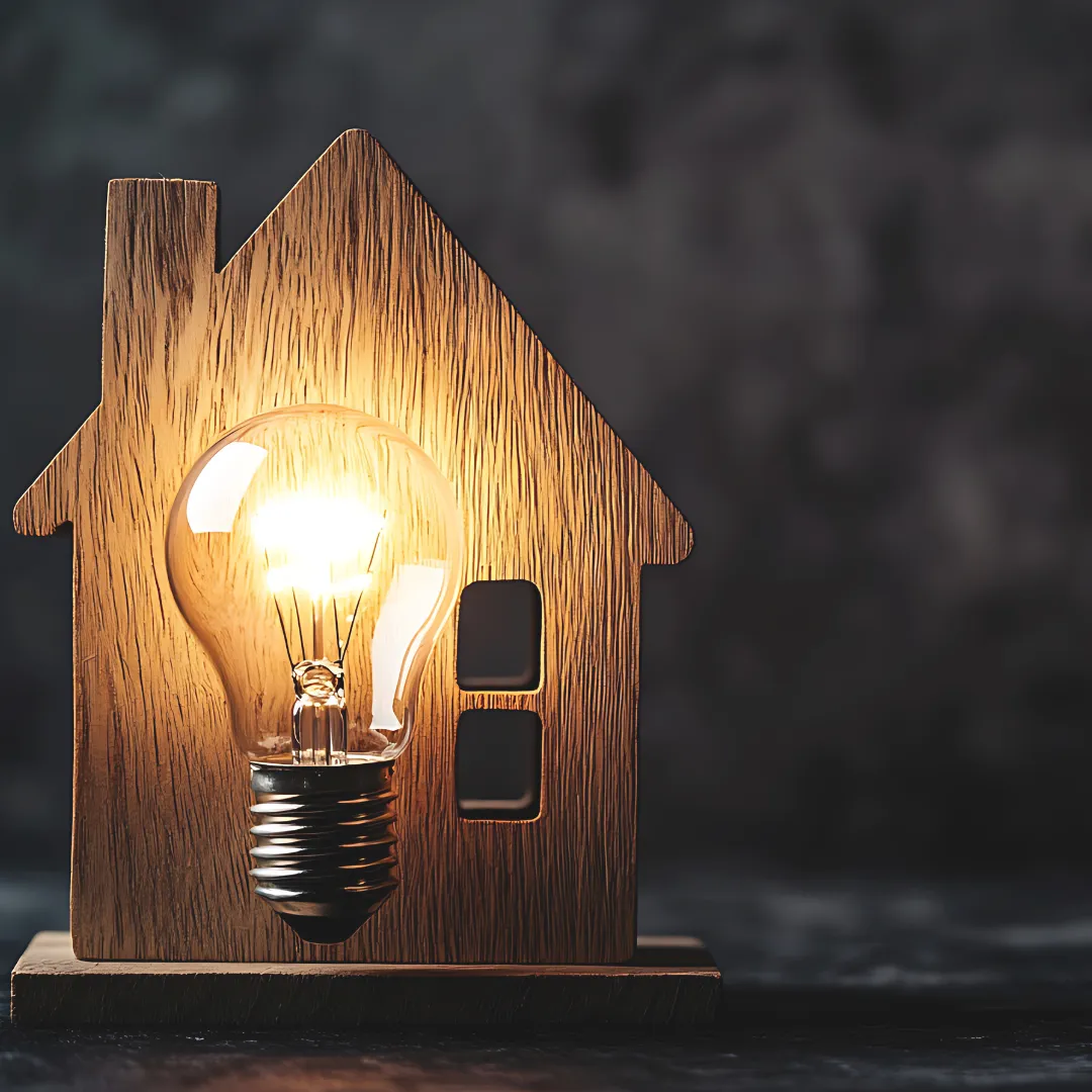 Ξύλινο σπίτι με λαμπτήρα, σύμβολο ενεργειακής απόδοσης και μόνωσης για θερμικές απώλειες τον χειμώνα.