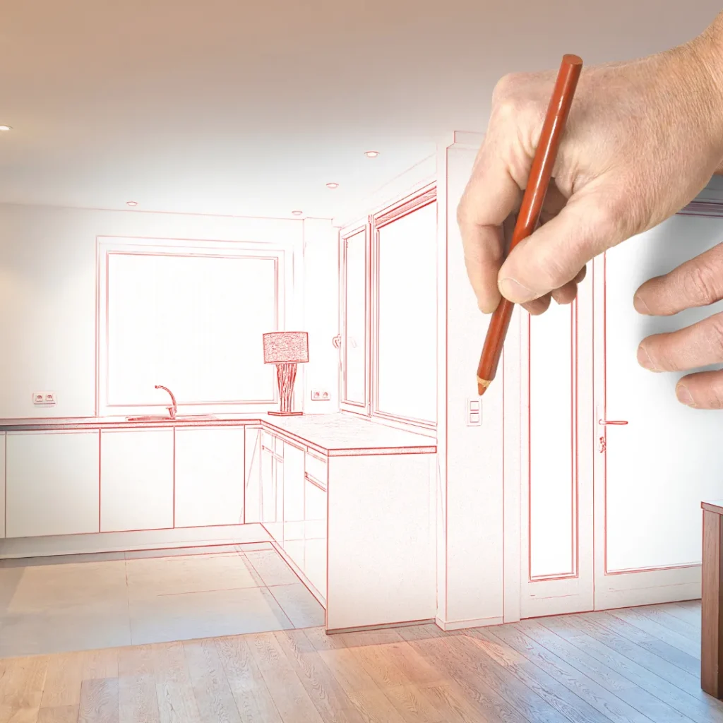 Χέρι αρχιτέκτονα σχεδιάζει σκαρίφημα κουζίνας πάνω σε υφιστάμενο χώρο
