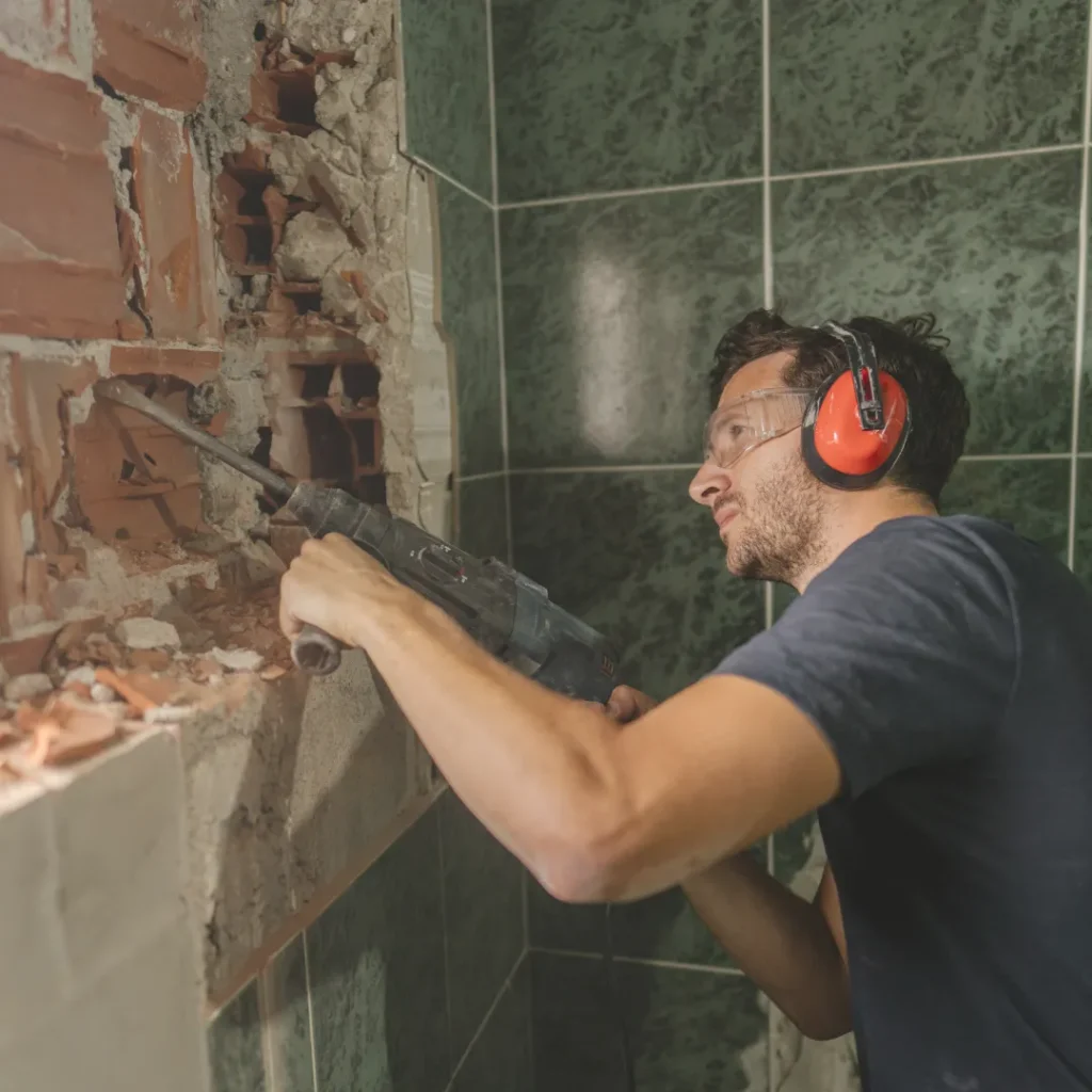 Εργάτης με προστατευτικό εξοπλισμό κάνει εργασίες κατεδάφισης σε τοίχο μπάνιου