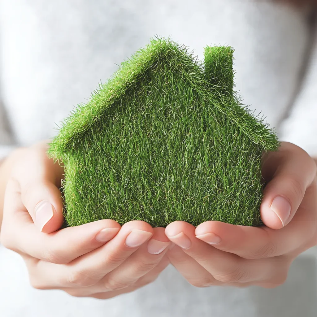 Γυναικεία χέρια κρατούν προστατευτικά ένα σπίτι φτιαγμένο από φυσικό γρασίδι