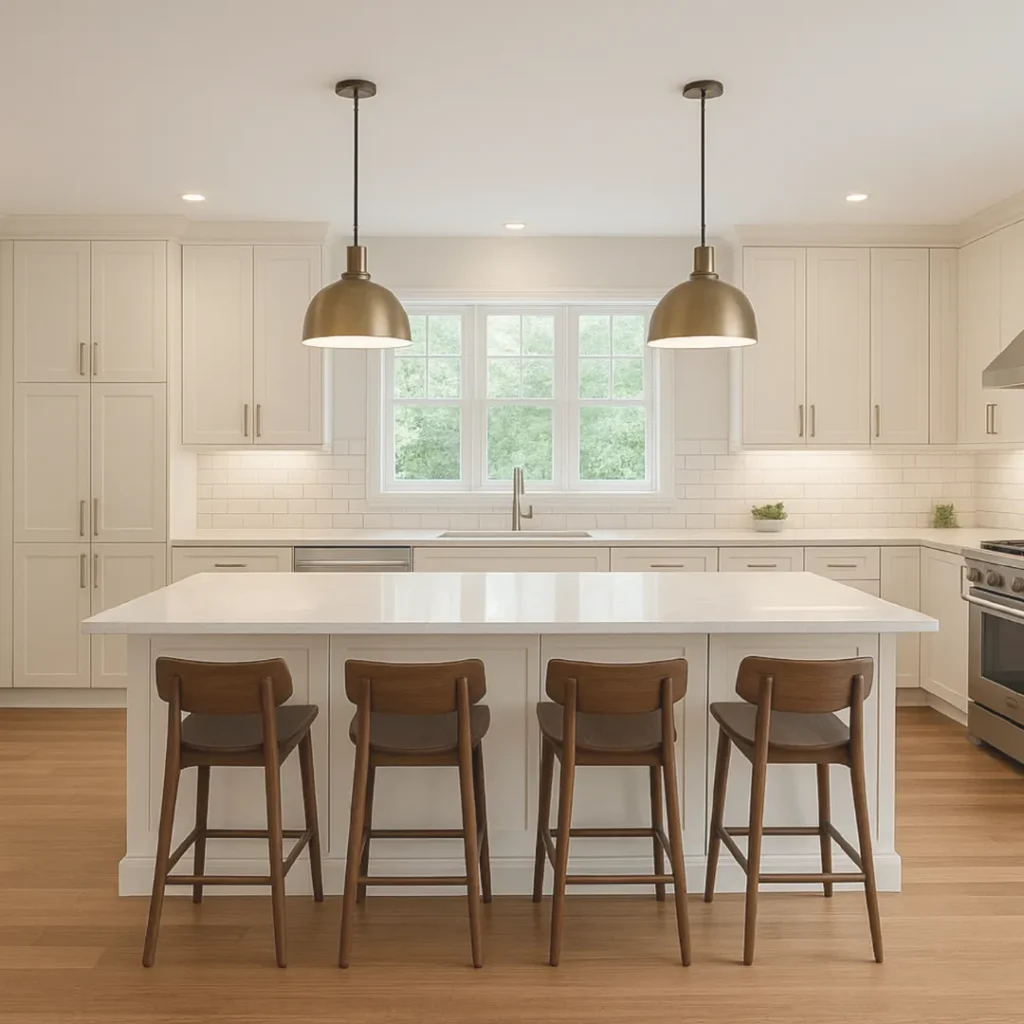 Μοντέρνα ανακαινισμένη κουζίνα με λευκή νησίδα και ξύλινα σκαμπό