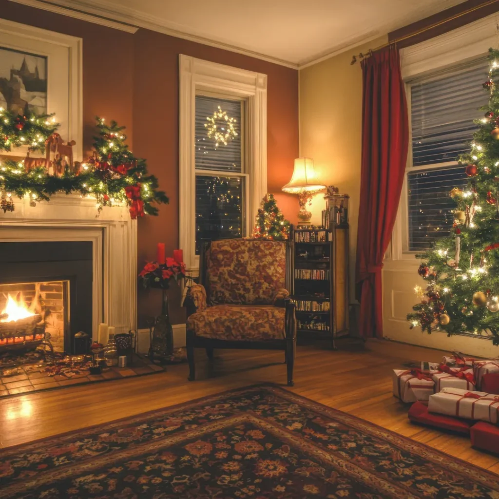 Ευρύχωρο σαλόνι με τζάκι και χριστουγεννιάτικο δέντρο σε λειτουργική διάταξη επίπλων