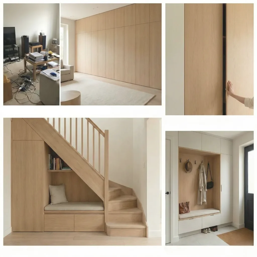Κολάζ με αρχιτεκτονικές λύσεις αποθήκευσης, ντουλάπες floor-to-ceiling και έπιπλα εισόδου από την Idicon.