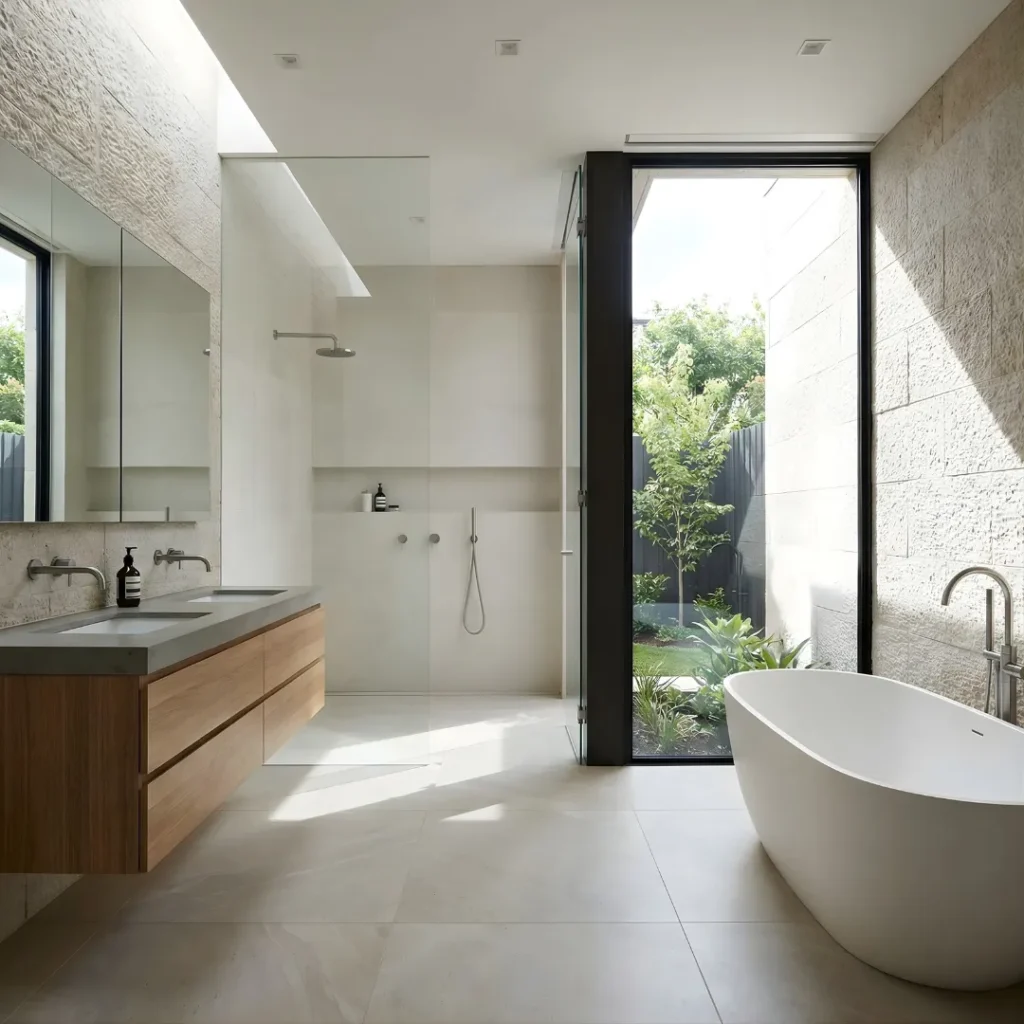 Ανάγλυφα πλακάκια μεγάλων διαστάσεων (large format) με υφή πέτρας και ξύλου σε ένα μοντέρνο μπάνιο, που ενισχύουν την αίσθηση της αφής και τη φύση.