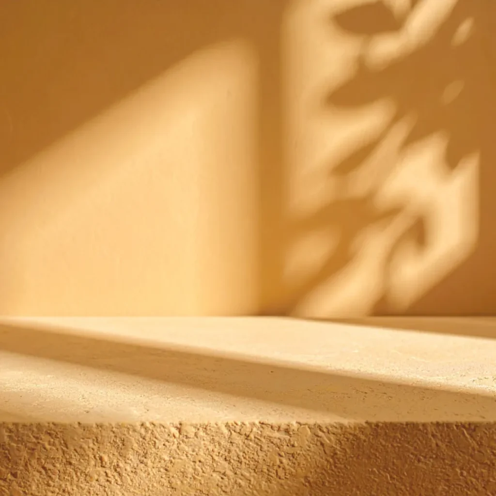 Σκιά φυτού σε τοίχο με γήινες αποχρώσεις, αναδεικνύοντας τον βιοφιλικό σχεδιασμό και την ευεξία στο σπίτι.