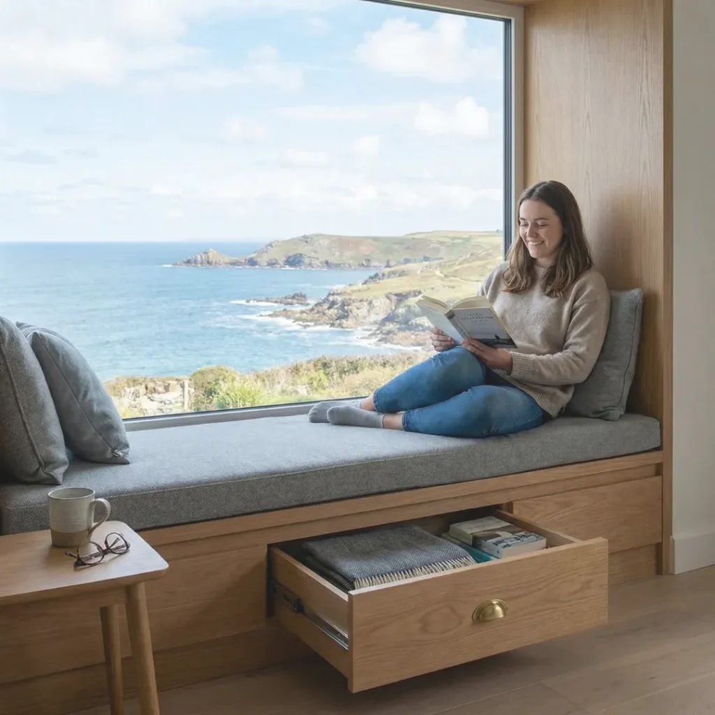 Γυναίκα που διαβάζει βιβλίο σε καθιστικό πάγκο δίπλα στο παράθυρο με κρυφό συρτάρι αποθήκευσης και θέα θάλασσα.